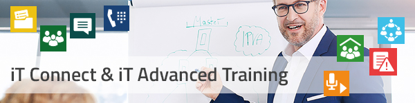 iT Connect und IT Advanced Training |seitlich sind myApps icons abgebildet, im Hintergrund befindet sich ein Mann der auf ein weißes Blatt malt 